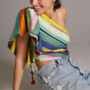 Anthropologie Hope For Flowers Satin Striped One Shoulder Top Fitted